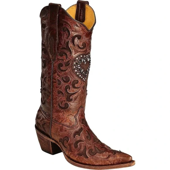 Corral Brown Western Boots with Heart Rhinestone Design - Picture 9 of 14